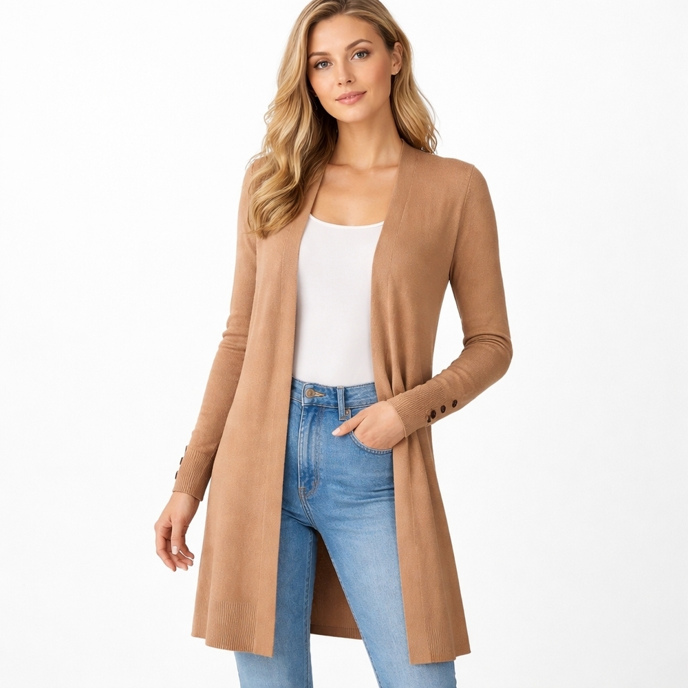Banana Republic Long Open Front Cardigan in Camel